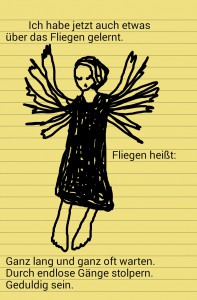 Zeichnung einer flügelschlagenden Frau auf gelbem Notizettel