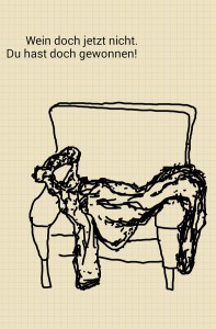 Zeichnung einer leeren Bärenhaut auf einem Sessel, dazu ein Zitat aus einer Castingshow.