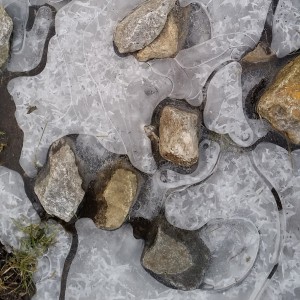 Miniaturlandschaft aus gefrorener Pfuetze und Steinen