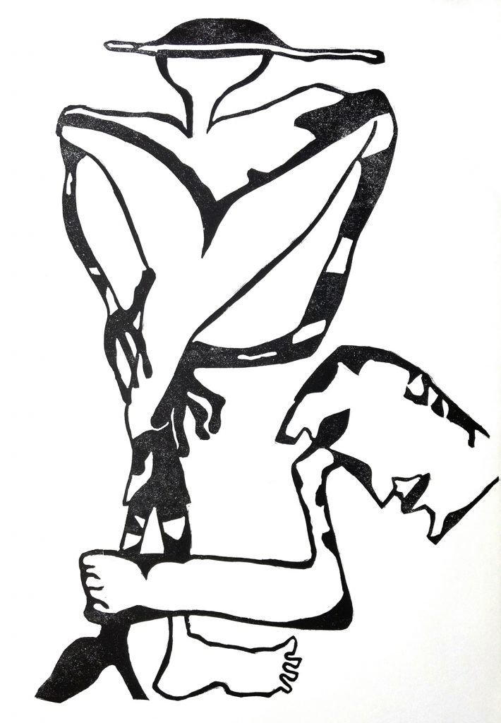 Großformatiger Linoldruck eines weiblichen Wesens mit Hut und eines männlichen, auf Kopf und Arm reduzierten Wesens von EVA
