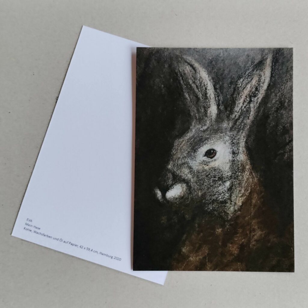 Vor- und Rückseite einer Postkarte der Hamburger Künstlerin EVA. von ihrem Bild "Mein Hase".