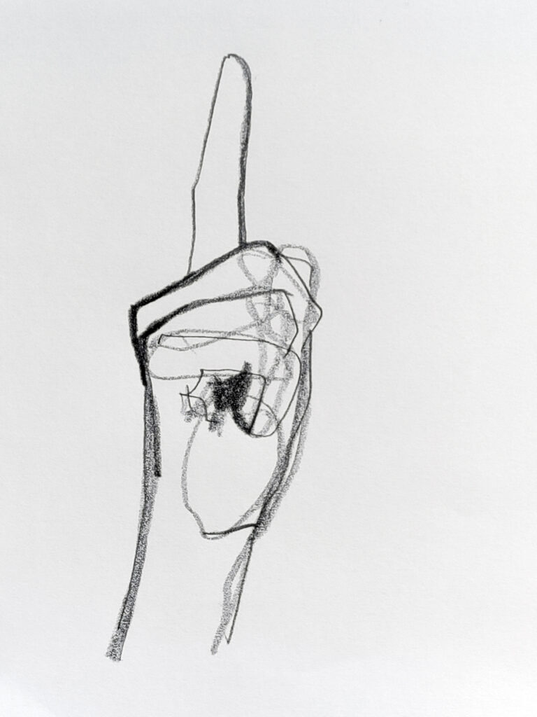 Zeichnung eines zur Aufmerksamkeit auffordernden Zeigefingers mit Bleistift auf Papier.